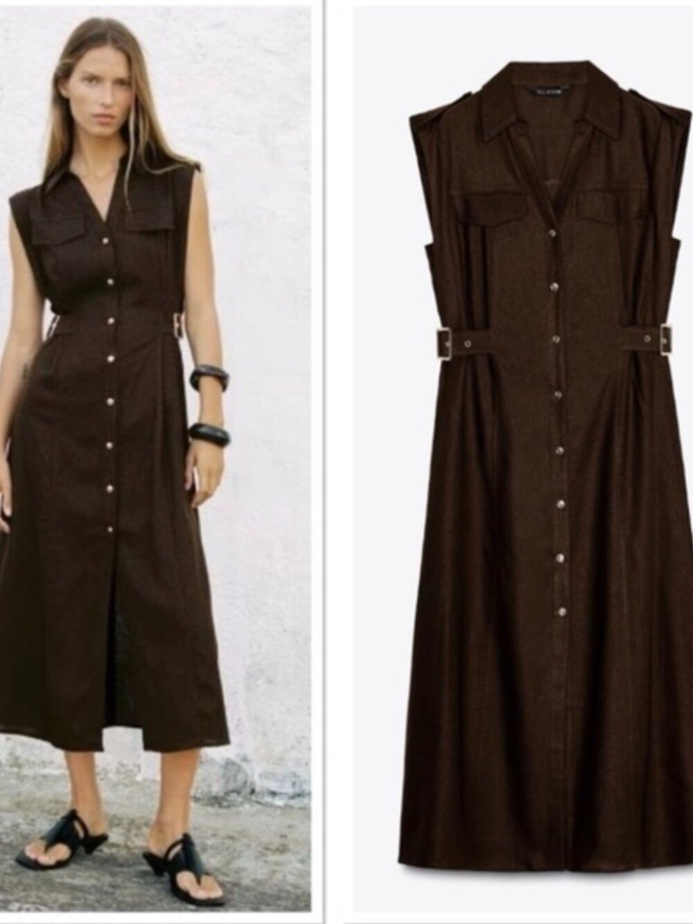 Zara like new chocholate brown linen long dress size S with gold buttons